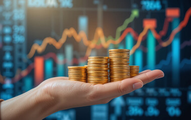 A stack of coins in a hand with rising financial charts in the background, symbolizing economic growth and investment.