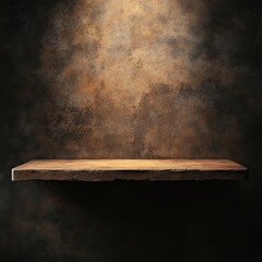 Empty Wooden Shelf Against Dark Wall