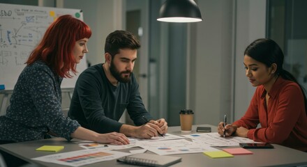 Team collaborating on project plans in a modern office, with notes and sketches scattered around