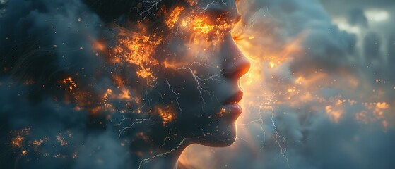 Double exposure, a person against the background of lightning close up