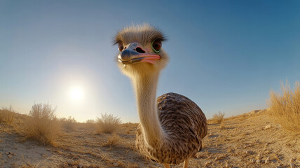 Majestic ostrich guarding its nest in sandy desert landscape during golden hour. Wide-angle view emphasizes the bird's distinctive features against dramatic sky with sun creating warm backlighting