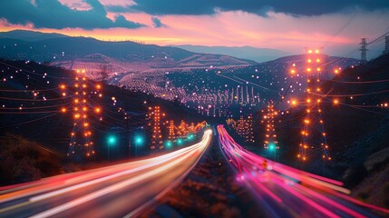 Dynamic energy stock market graph with electric power line background in accordion style design