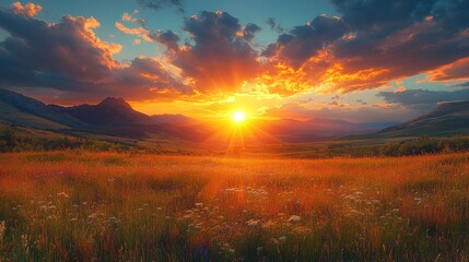 Fototapeta premium Majestic mountain sunset over vibrant wildflower field