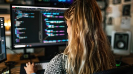 Woman in headphones using computer with code on screens, focused in a dimly lit tech room, concept of cybersecurity or coding.
