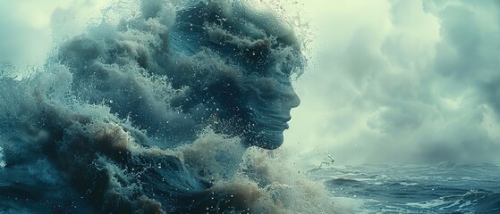 Double exposure, a person on the background of the ocean