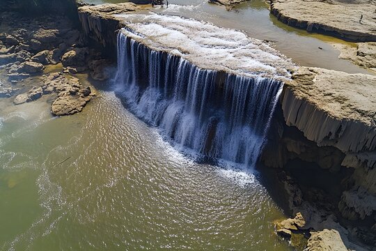 Aerial view Waterfall cascading, rocky terrain, river, people, tourism