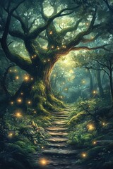 Enchanting forest path illuminated by glowing fireflies at dusk