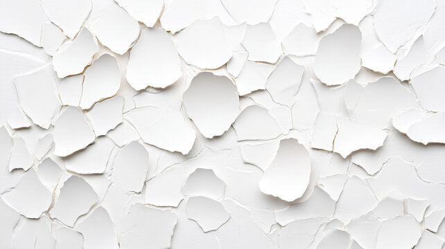 Cracked eggshells form an abstract, seamless pattern in a minimalist style. The fisheye perspective adds depth, creating a textured and artistic visual effect with a monochromatic palette