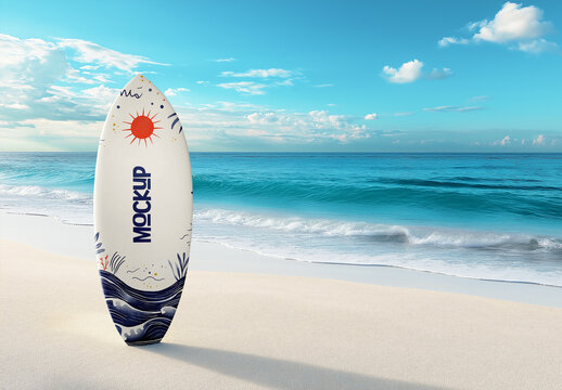 Surfboard Mockup on Sandy Beach &ndash; Summer Coastal Branding Template for Sport, Vacation, or Outdoor Product Presentation