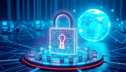Digital illustration of a secure padlock with data protection symbols, representing cybersecurity, privacy, and information safety in a digital world