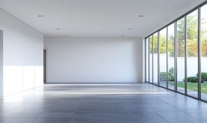 Empty modern room with large windows and sunlight streaming in.