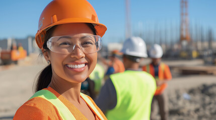 Cheerful young occupational safety specialist wearing protective gear leads a workplace safety session at a busy construction site, emphasizing teamwork and safety protocols