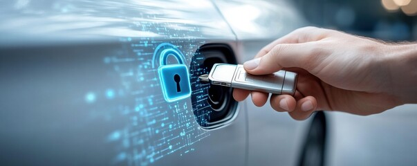 Car security concept featuring hand holding key near digital interface