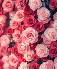 Fototapeta premium Vibrant pink and red rose blossom wall - elegant floral arrangement for weddings and events