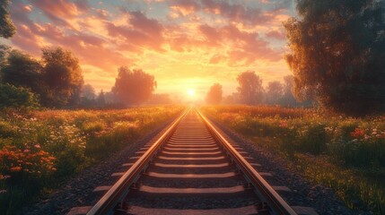Fototapeta premium Railroad tracks leading into sunset over vibrant wildflower fields under dramatic sky