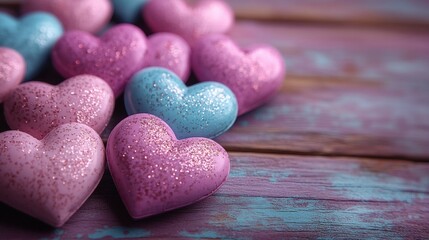 Obraz premium Sparkling pastel hearts on rustic wooden surface - romantic and whimsical decoration