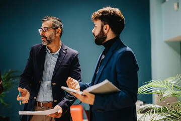 Two corporate colleagues engage in a focused discussion while reviewing documents in an office.