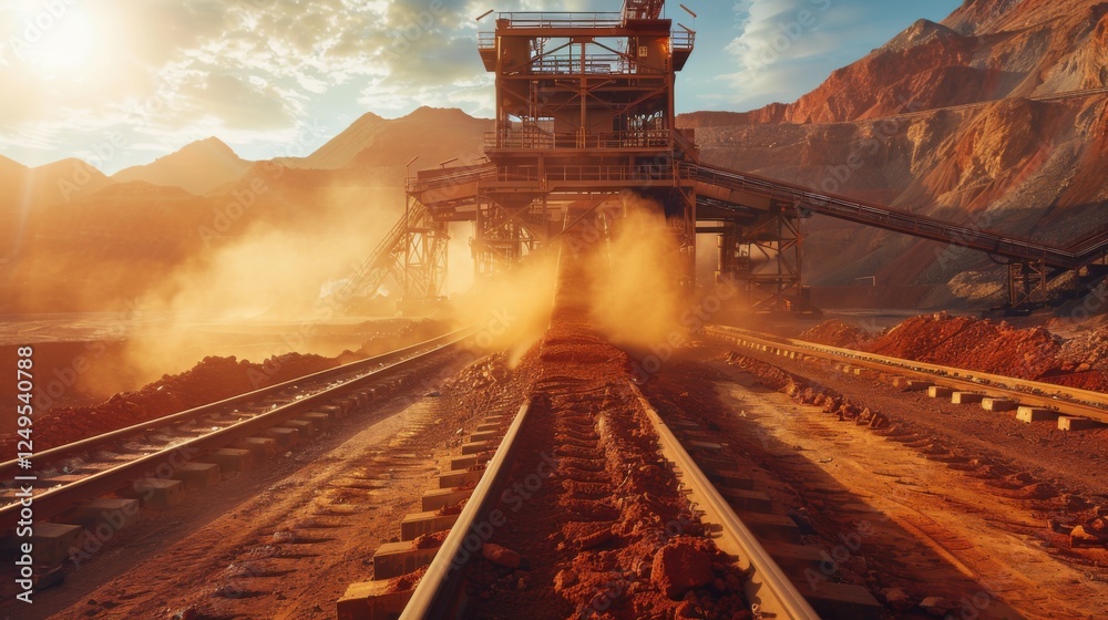 Leinwandbilder heavy machinery operates in a mining site as clouds of dust rise into the air, illuminated by the wa