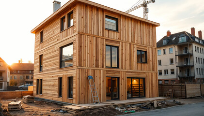Nachhaltiges Holzhochhaus im Rohbau – Baustelle in der Innenstadt