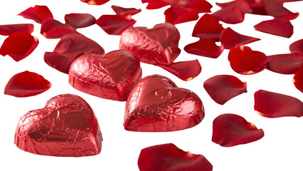 Fototapeta premium Heart-Shaped Chocolate Candies with Red Rose Petals – Romantic Valentine's Day Treat