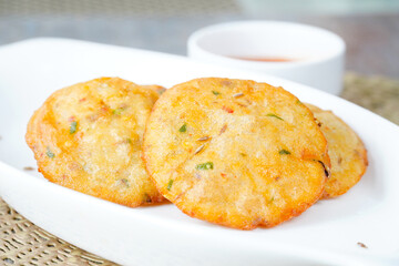Aloo ki kachori, potato stuffed kachori with ketchup. Famous indian food