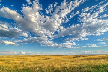 Obraz premium Expansive golden prairie, dramatic clouds, vast landscape