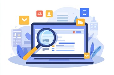 Magnifying Glass Focuses on Mobile App Icons on a Laptop Screen