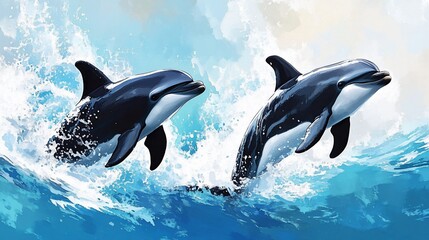 Obraz premium Dolphins leaping ocean waves, coastal background, nature print
