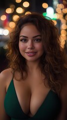 Latina Young woman with wavy hair smiling outdoors during sunset