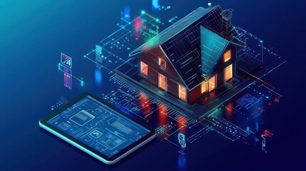 Obraz premium A modern home automation system controlling smart lighting, blinds, and temperature through a mobile app on a sleek tablet