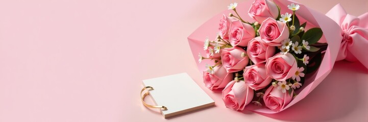 Pink roses bouquet with blank notebook on soft pink backdrop, Valentines Day