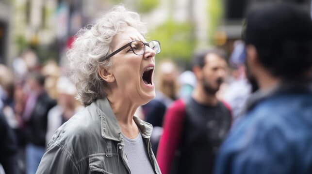 Angry mature senior merican woman full of hate screaming. whining