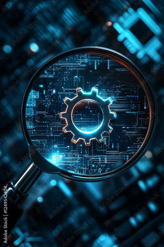 Aufkleber magnifying glass on a digital circuit board with a glowing gear symbol, representing innovation, tec