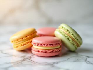 Colorful French Macarons on Marble Tabletop with Soft Lighting