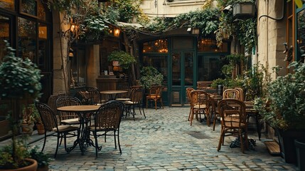 A courtyard with a lot of chairs and tables