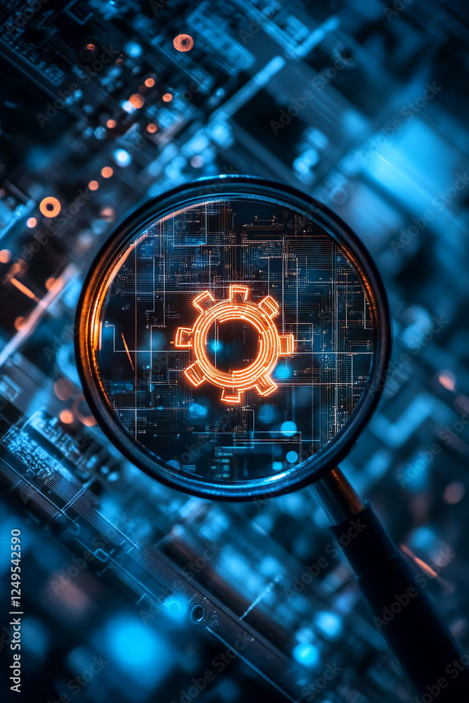 Poster magnifying glass over a digital circuit board with a glowing gear symbol in the center, representing