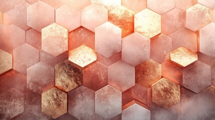Rose gold hexagons, textured wall, light flare, background, abstract design