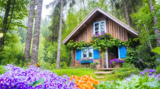 Charming Cottage Retreat: A quaint wooden cottage nestled amongst lush greenery, adorned with vibrant flowers and blue shutters, evokes a sense of tranquility and escape.  