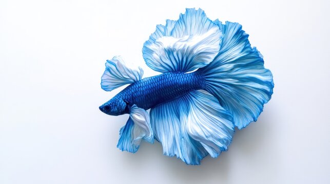 A neon blue rosetail betta fish with extravagant, ruffled fins, beautifully displayed on a white background