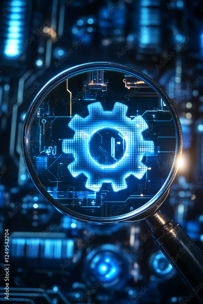 Poster Magnifying glass focusing on a digital circuit board with a glowing gear symbol, symbolizing technology, innovation, and system optimization in the digital age.