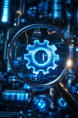 Magnifying glass focusing on a digital circuit board with a glowing gear symbol, symbolizing technology, innovation, and system optimization in the digital age.