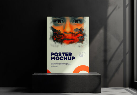 Poster Mockup on Dark Display Pedestal &ndash; Ideal for Indoor Event or Gallery Promotion