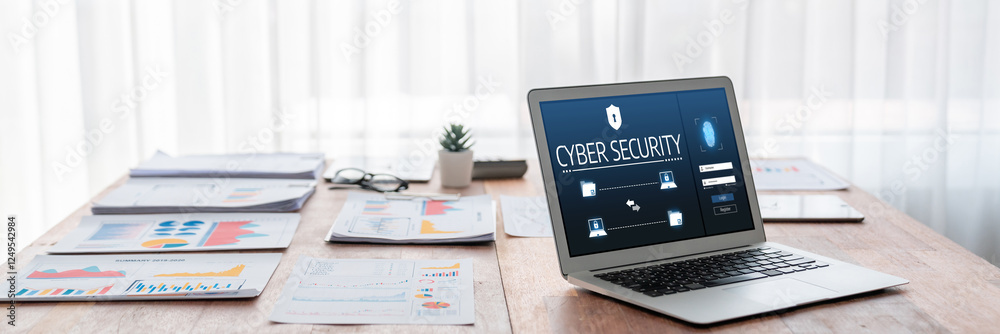 Poster cyber security system on computer screen protect private information brisk from hacker and cyber att