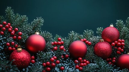 Festive arrangement of red ornaments among evergreen branches and berries.