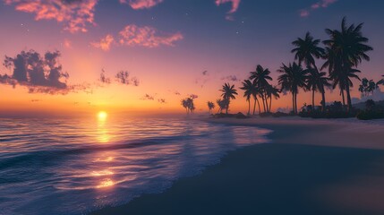 Tranquil Beach at Twilight with Gentle Waves and Silhouetted Palm Trees