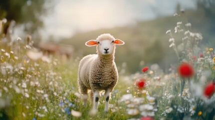 Lamb in a Flower Meadow: A charming lamb stands amidst a vibrant field of wildflowers, bathed in soft sunlight. Its innocent gaze and fluffy coat create a heartwarming scene.
