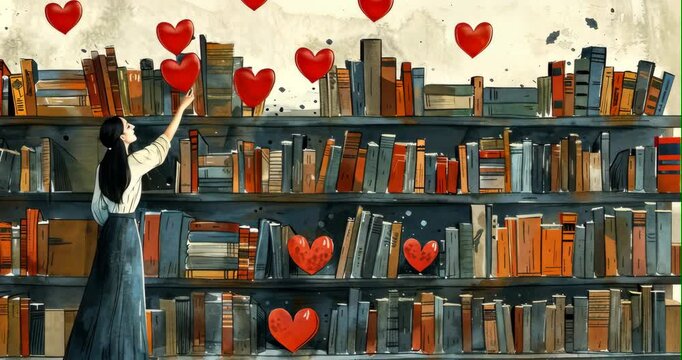 A librarian matches hearts through books in this whimsical flat design love illustration