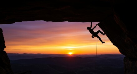 Silhouette of a climber scaling a rocky cliff at sunset, with vibrant colors illuminating the sky
