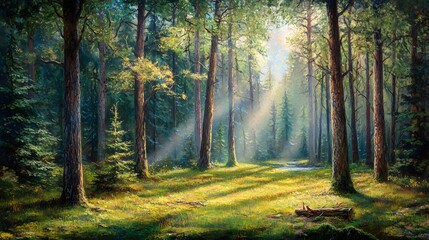 Fototapeta premium A Peaceful Forest Glade of Solace bathed in Sunlight Inviting Introspection Amidst Nature