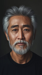 Obraz premium Elderly asian male with gray hair and beard, wearing black shirt, close-up portrait